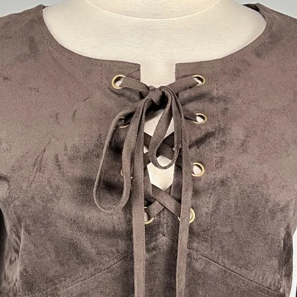 Chelsea Violet Womens Brown Faux Suede Shift Dress Lace Up Bodice size Small - Picture 3 of 12